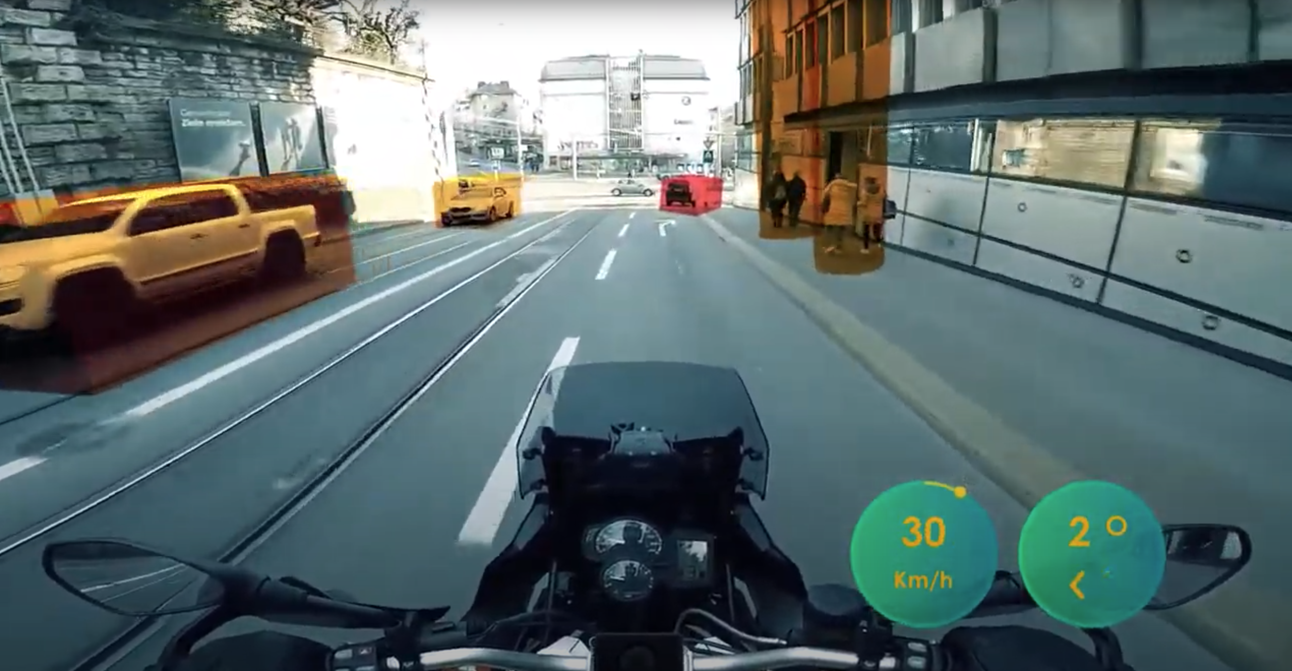 Extraordinary AI motorcycle HUD highlights hazards and cornering lines